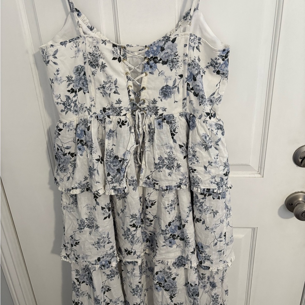 House of Harlow Blue floral print White Ruffle Layered Strap Dress M linen blend - Picture 7 of 10